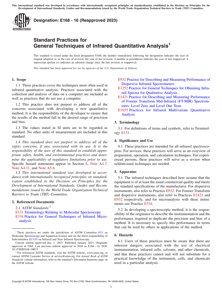 ASTM E168-16(2023) - Standard Practices for General Techniques of Infrared Quantitative Analysis