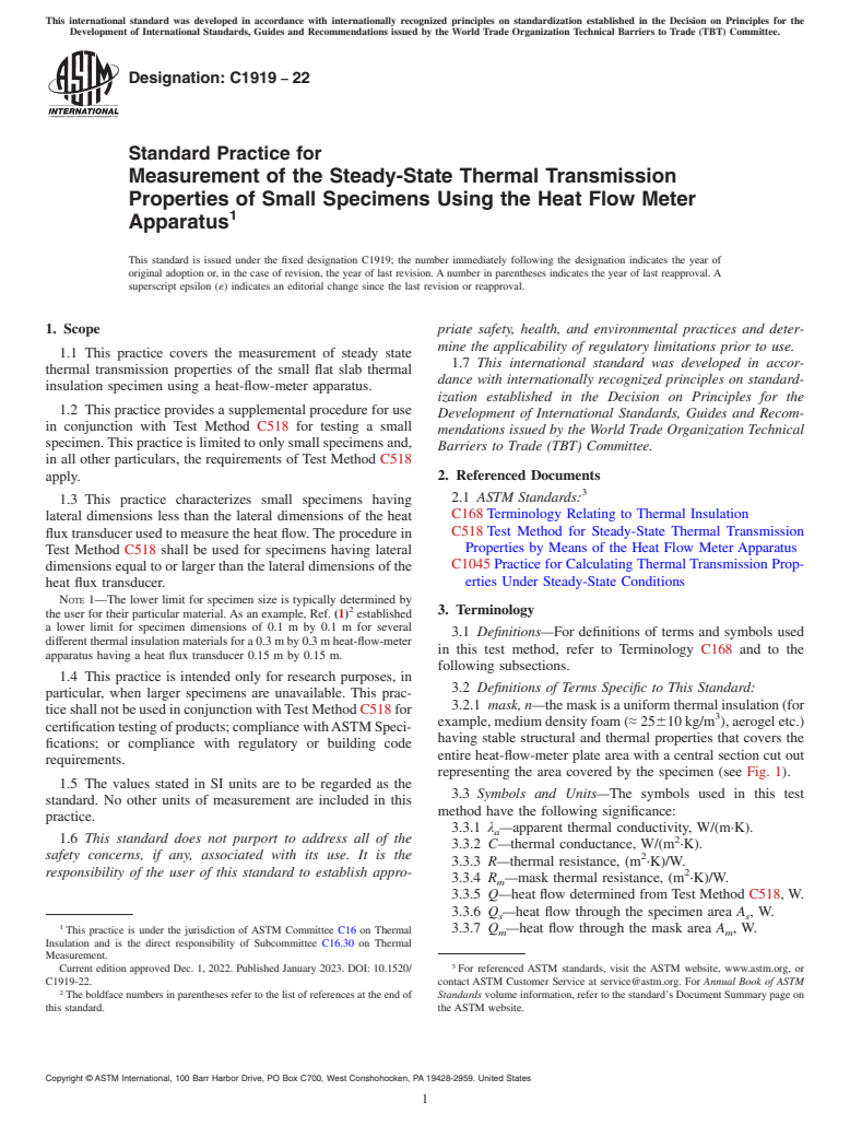 ASTM C1919-22 - Standard Practice for Measurement of the Steady-State Thermal Transmission Properties  of Small Specimens Using the Heat Flow Meter Apparatus