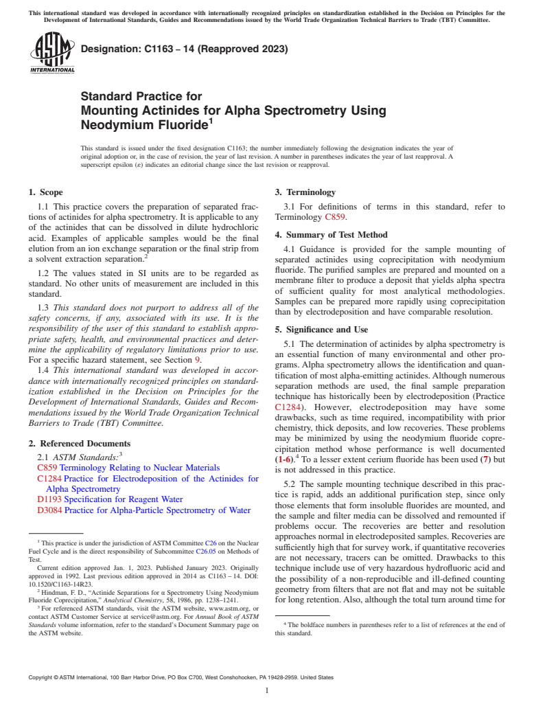 ASTM C1163-14(2023) - Standard Practice for  Mounting Actinides for Alpha Spectrometry Using Neodymium Fluoride