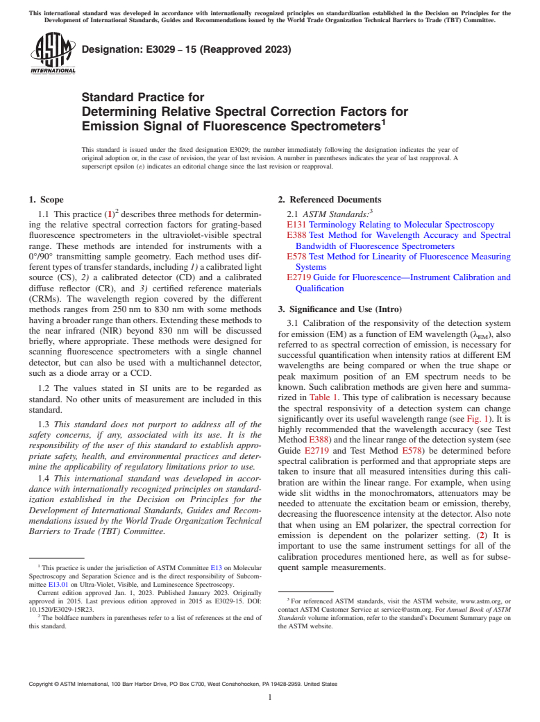 ASTM E3029-15(2023) - Standard Practice for Determining Relative Spectral Correction Factors for Emission  Signal of Fluorescence Spectrometers