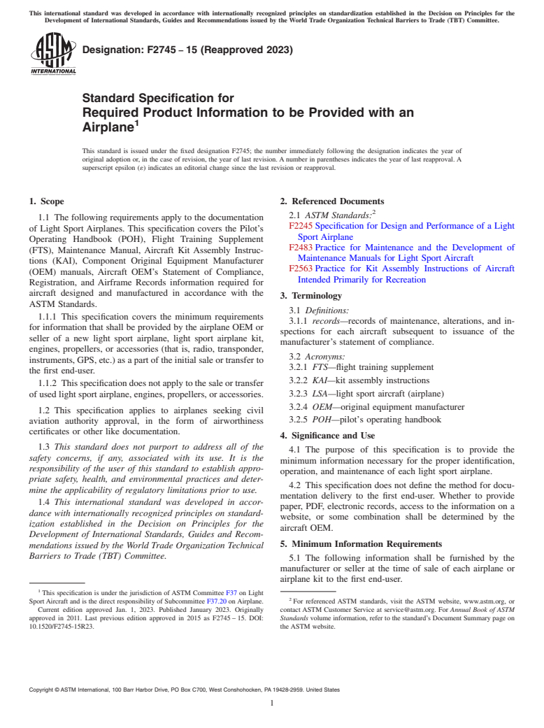 ASTM F2745-15(2023) - Standard Specification for Required Product Information to be Provided with an Airplane