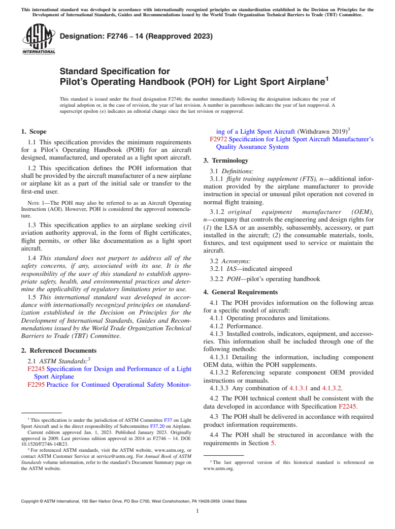 ASTM F2746-14(2023) - Standard Specification for Pilot’s Operating Handbook (POH) for Light Sport Airplane