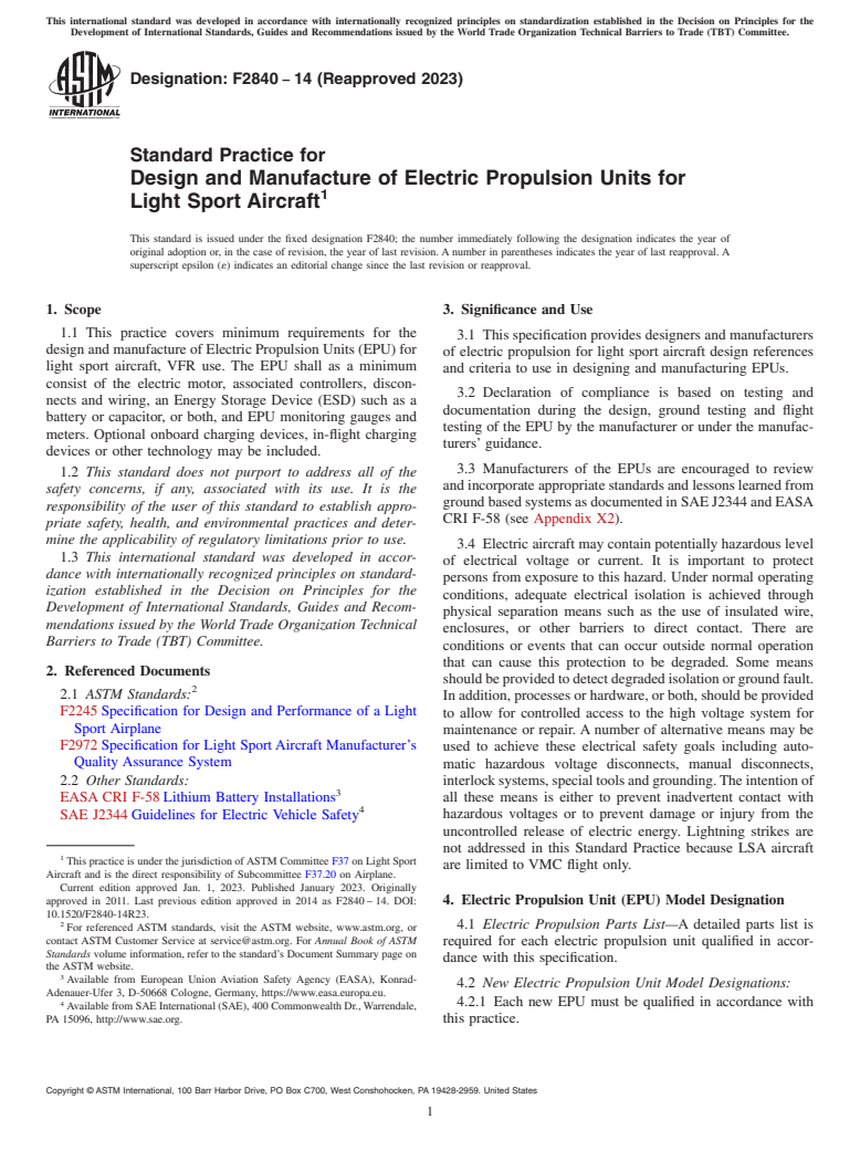 ASTM F2840-14(2023) - Standard Practice for Design and Manufacture of Electric Propulsion Units for Light  Sport Aircraft