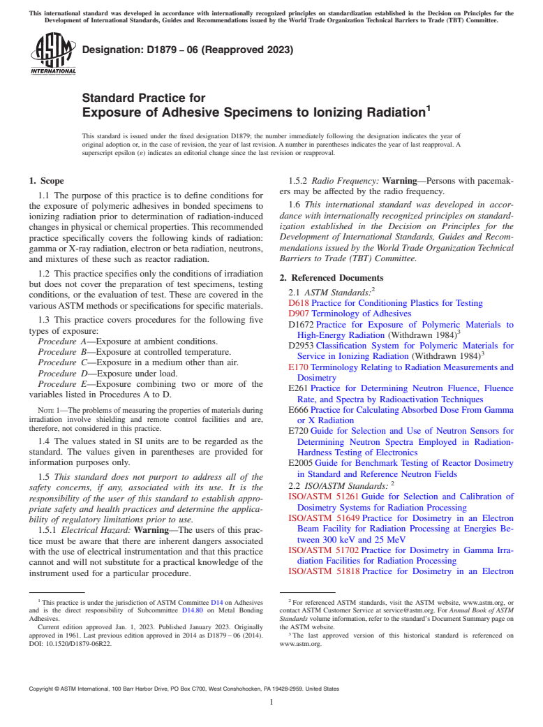 ASTM D1879-06(2023) - Standard Practice for Exposure of Adhesive Specimens to Ionizing Radiation