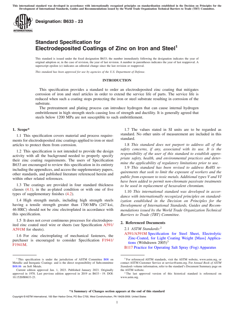ASTM B633-23 - Standard Specification for Electrodeposited Coatings of Zinc on Iron and Steel