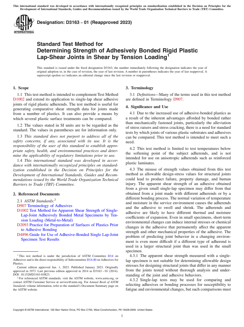 ASTM D3163-01(2023) - Standard Test Method for Determining Strength of Adhesively Bonded Rigid Plastic Lap-Shear  Joints   in Shear by Tension Loading