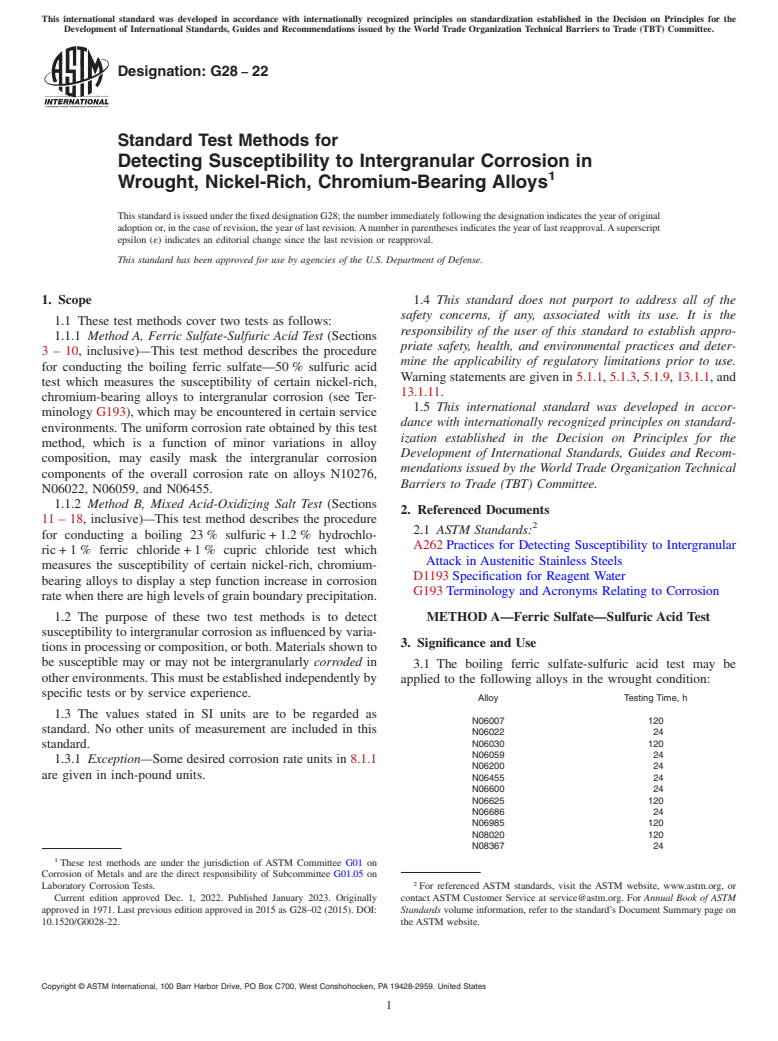 ASTM G28-22 - Standard Test Methods for Detecting Susceptibility to Intergranular Corrosion in Wrought,  Nickel-Rich, Chromium-Bearing Alloys
