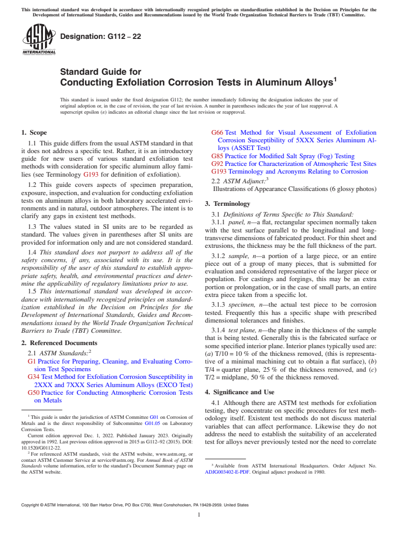 ASTM G112-22 - Standard Guide for Conducting Exfoliation Corrosion Tests in Aluminum Alloys
