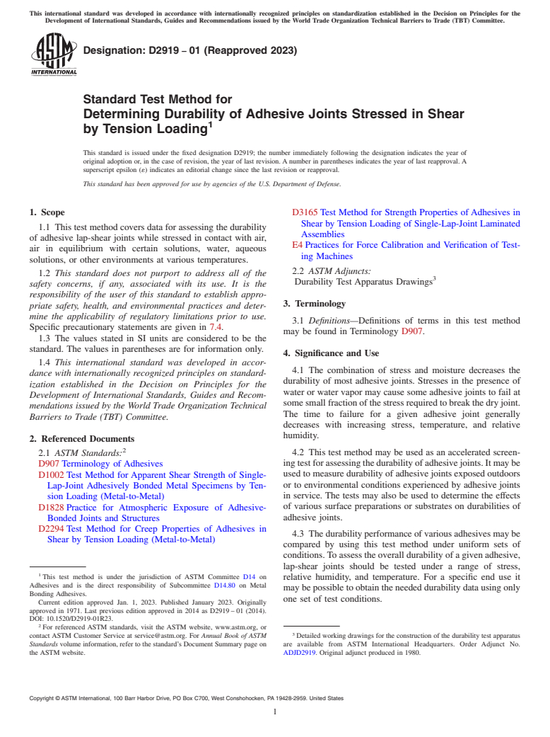 ASTM D2919-01(2023) - Standard Test Method for Determining Durability of Adhesive Joints Stressed in Shear  by Tension    Loading