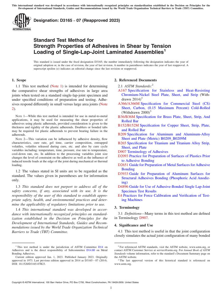 ASTM D3165-07(2023) - Standard Test Method for Strength Properties of Adhesives in Shear by Tension Loading  of Single-Lap-Joint   Laminated Assemblies