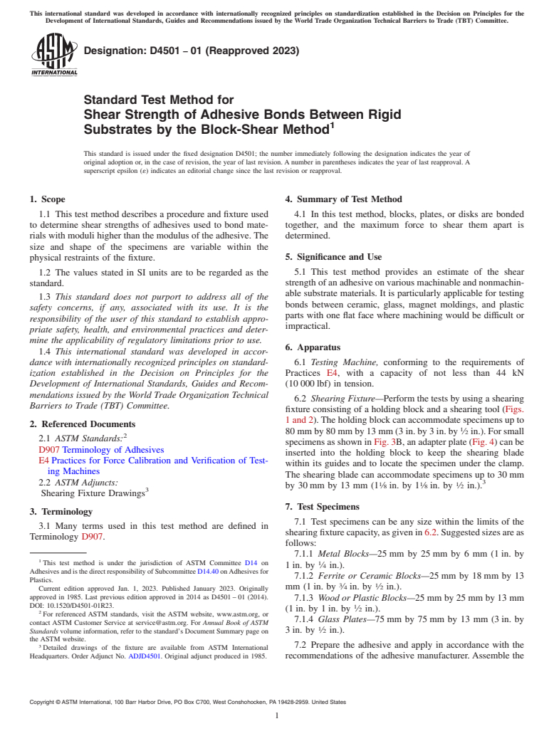 ASTM D4501-01(2023) - Standard Test Method for Shear Strength of Adhesive Bonds Between Rigid Substrates by  the Block-Shear  Method