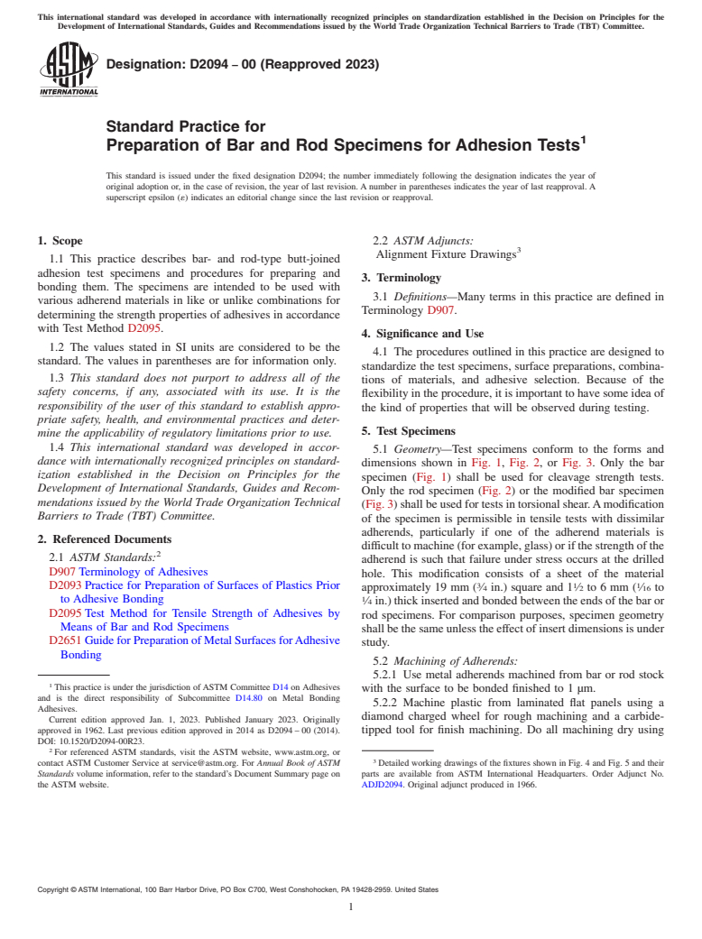 ASTM D2094-00(2023) - Standard Practice for Preparation of Bar and Rod Specimens for Adhesion Tests