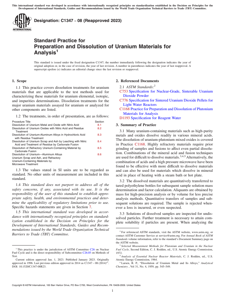 ASTM C1347-08(2023) - Standard Practice for  Preparation and Dissolution of Uranium Materials for Analysis