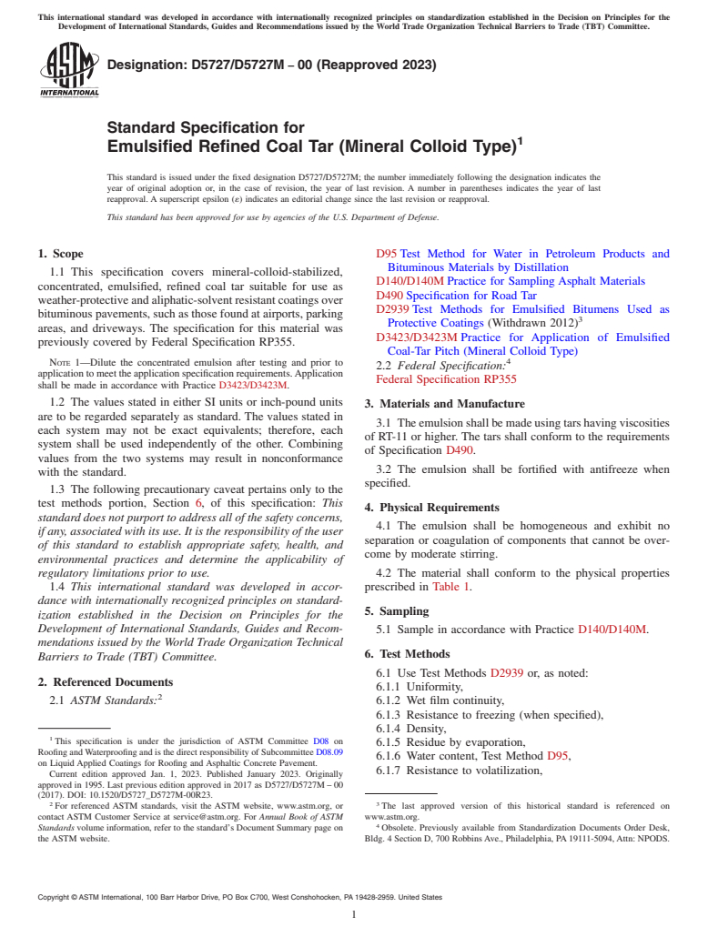 ASTM D5727/D5727M-00(2023) - Standard Specification for  Emulsified Refined Coal Tar (Mineral Colloid Type)