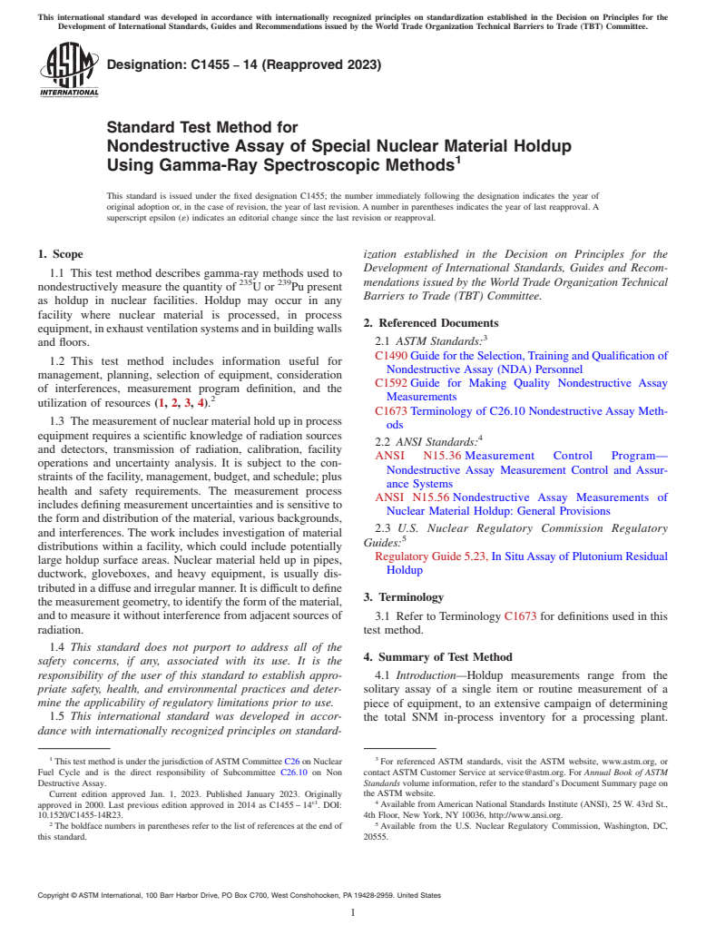 ASTM C1455-14(2023) - Standard Test Method for  Nondestructive Assay of Special Nuclear Material Holdup Using  Gamma-Ray Spectroscopic Methods