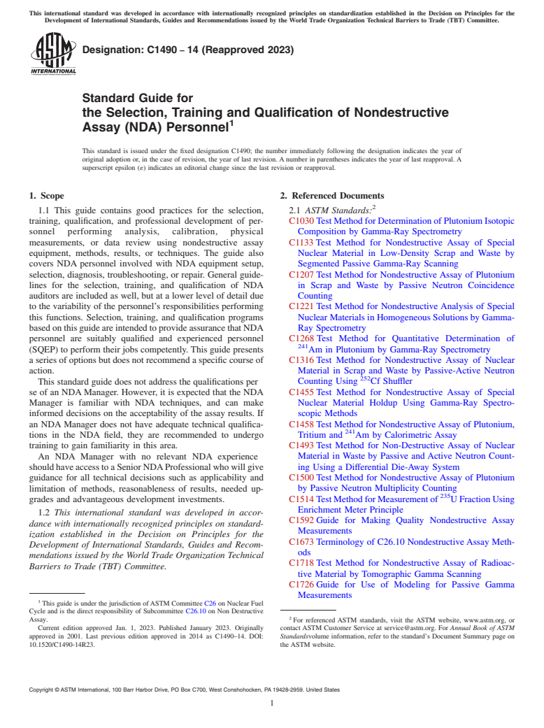 ASTM C1490-14(2023) - Standard Guide for  the Selection, Training and Qualification of Nondestructive  Assay (NDA) Personnel