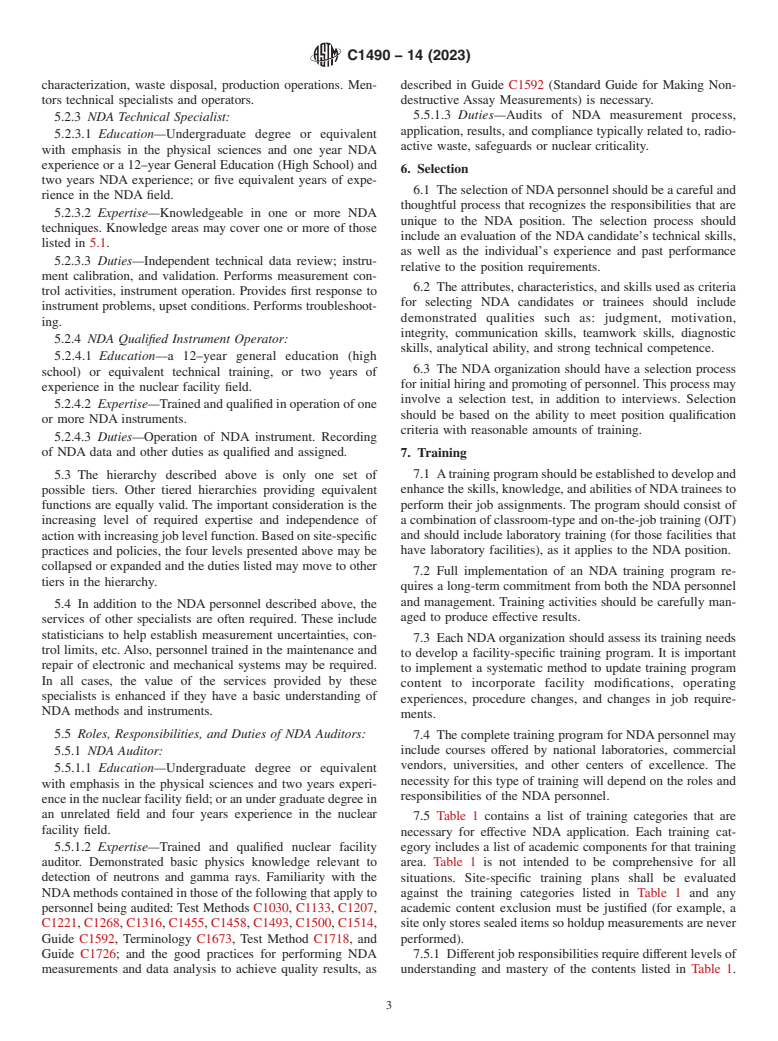 ASTM C1490-14(2023) - Standard Guide for  the Selection, Training and Qualification of Nondestructive  Assay (NDA) Personnel