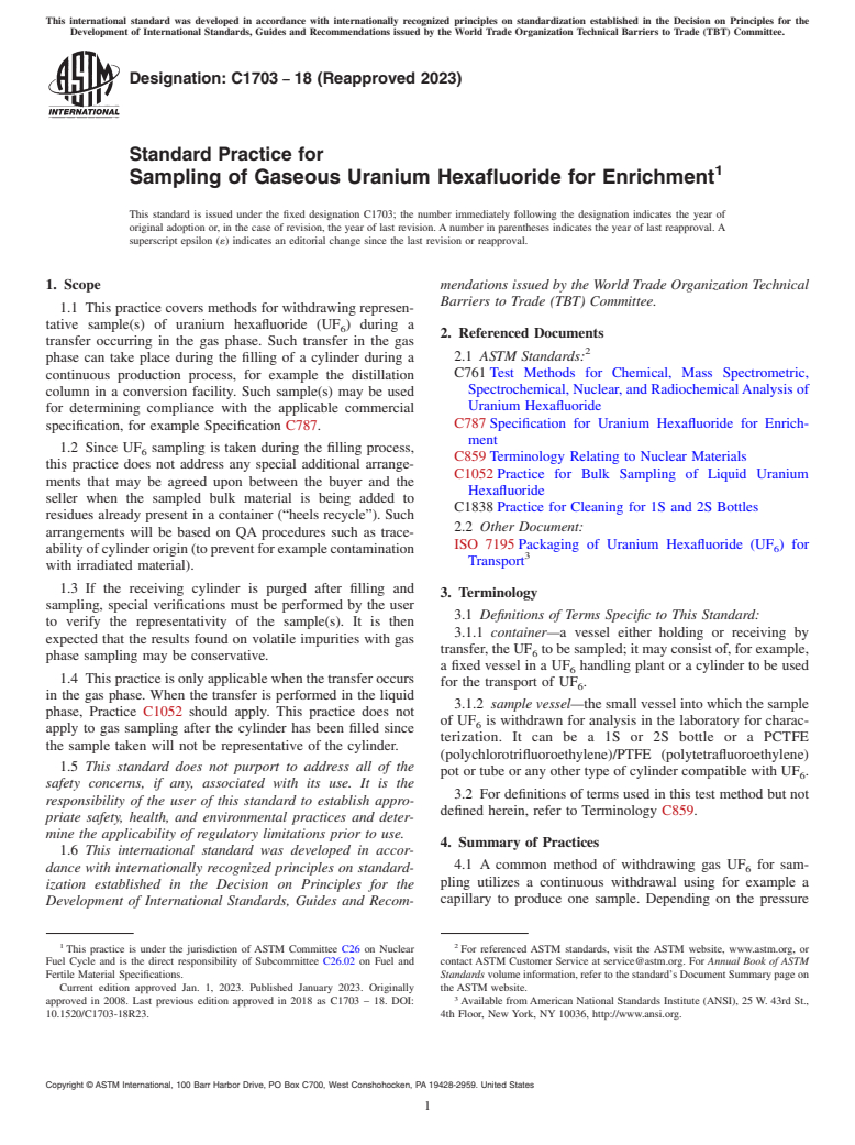 ASTM C1703-18(2023) - Standard Practice for  Sampling of Gaseous Uranium Hexafluoride for Enrichment