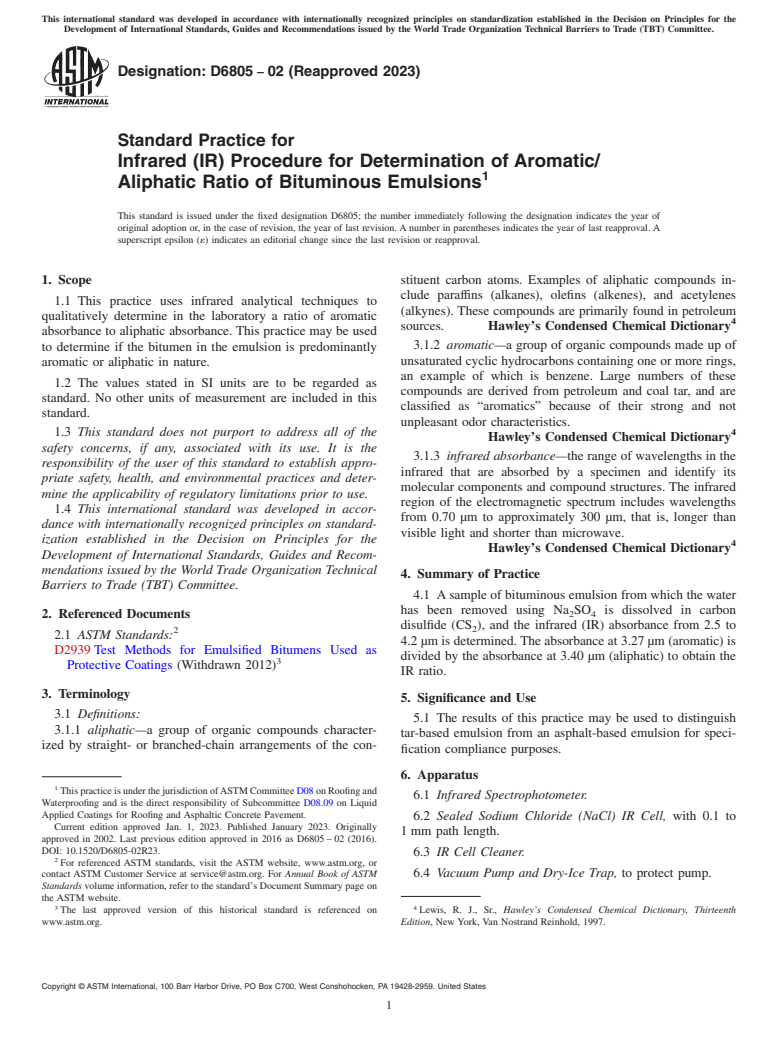 ASTM D6805-02(2023) - Standard Practice for Infrared (IR) Procedure for Determination of Aromatic/ Aliphatic  Ratio of Bituminous Emulsions