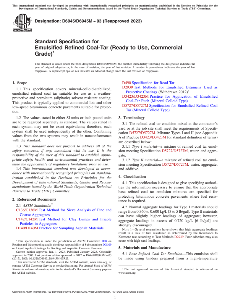 ASTM D6945/D6945M-03(2023) - Standard Specification for  Emulsified Refined Coal-Tar (Ready to Use, Commercial Grade)