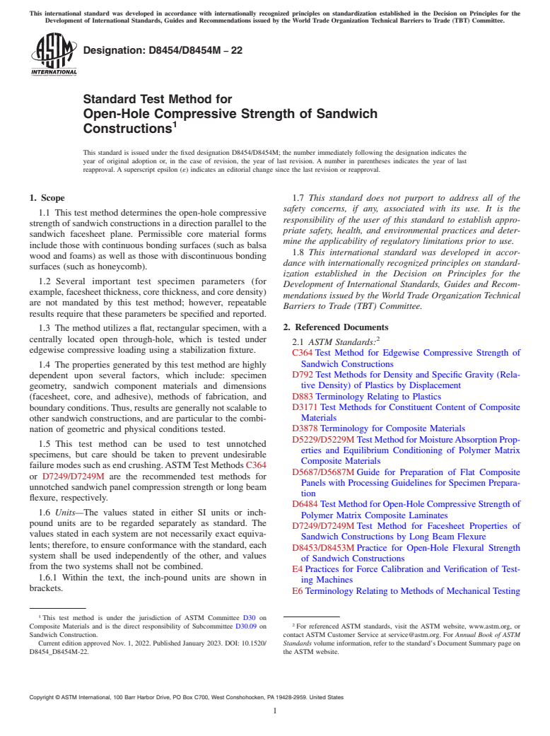 ASTM D8454/D8454M-22 - Standard Test Method for Open-Hole Compressive Strength of Sandwich Constructions
