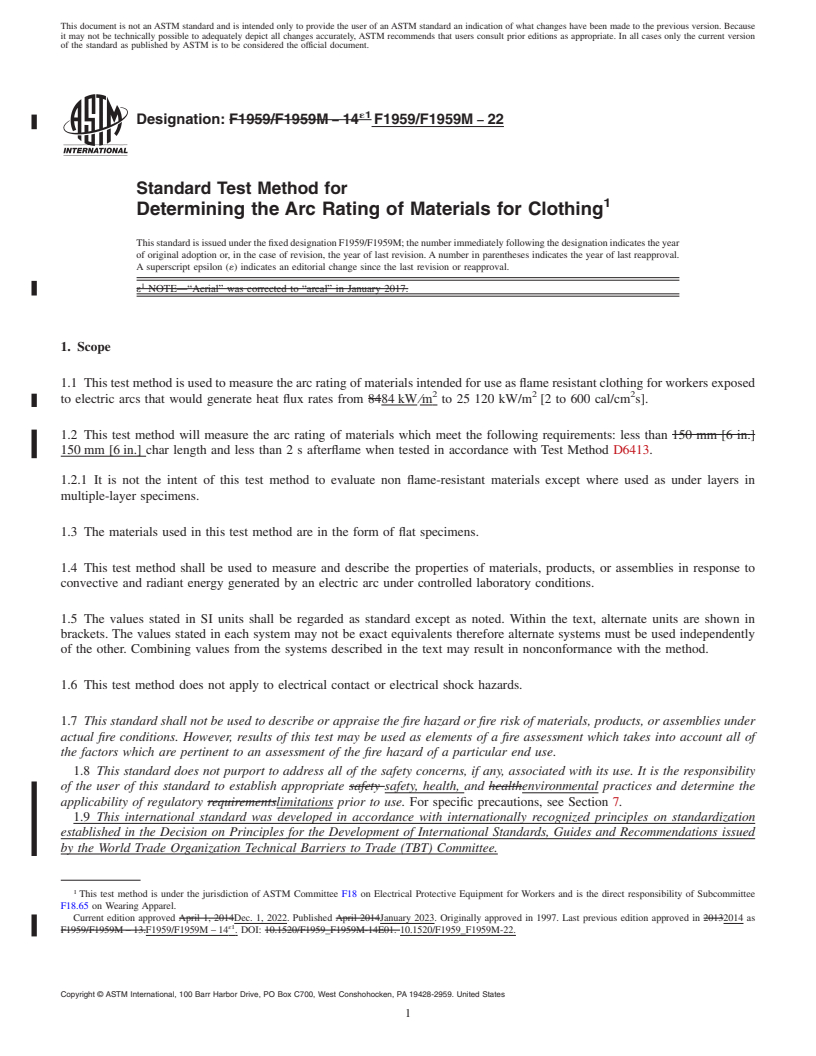 REDLINE ASTM F1959/F1959M-22 - Standard Test Method for  Determining the Arc Rating of Materials for Clothing