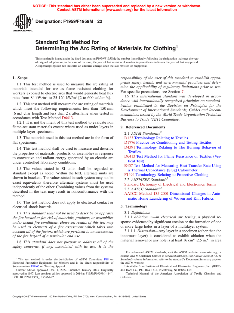 ASTM F1959/F1959M-22 - Standard Test Method for  Determining the Arc Rating of Materials for Clothing