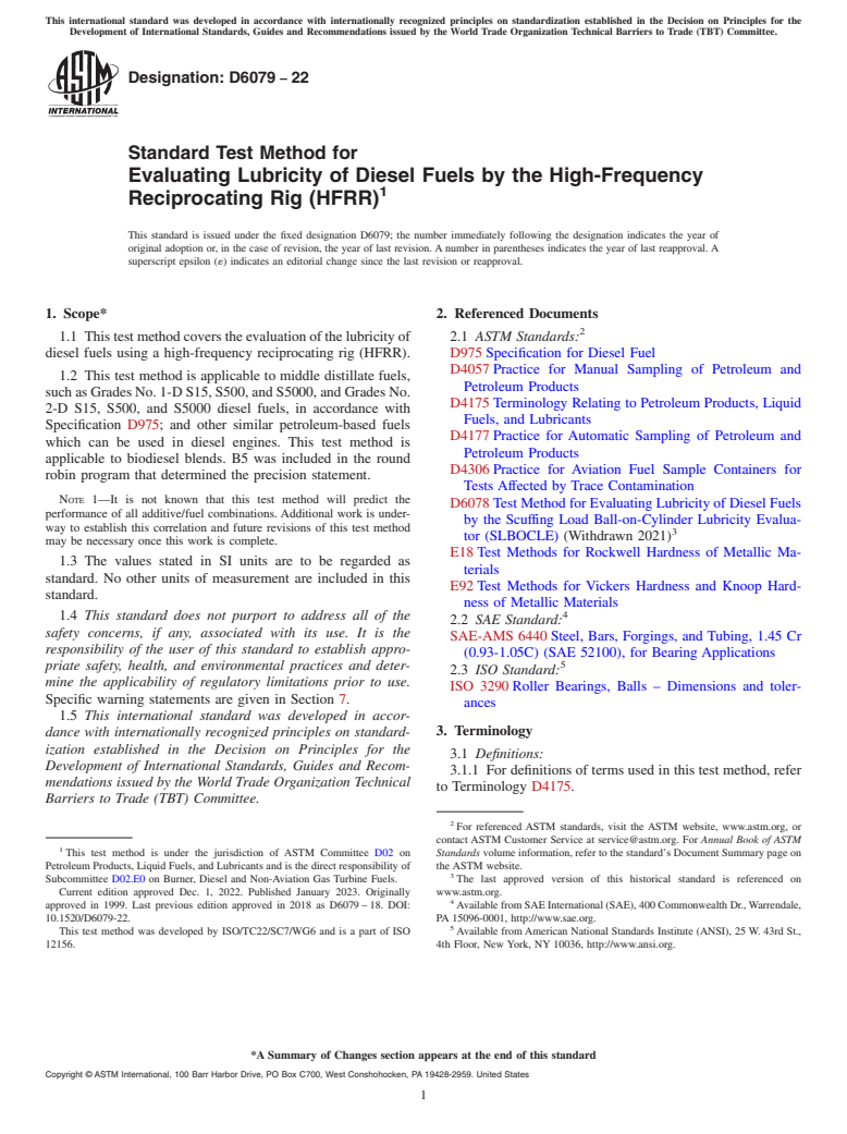 ASTM D6079-22 - Standard Test Method for  Evaluating Lubricity of Diesel Fuels by the High-Frequency   Reciprocating Rig (HFRR)