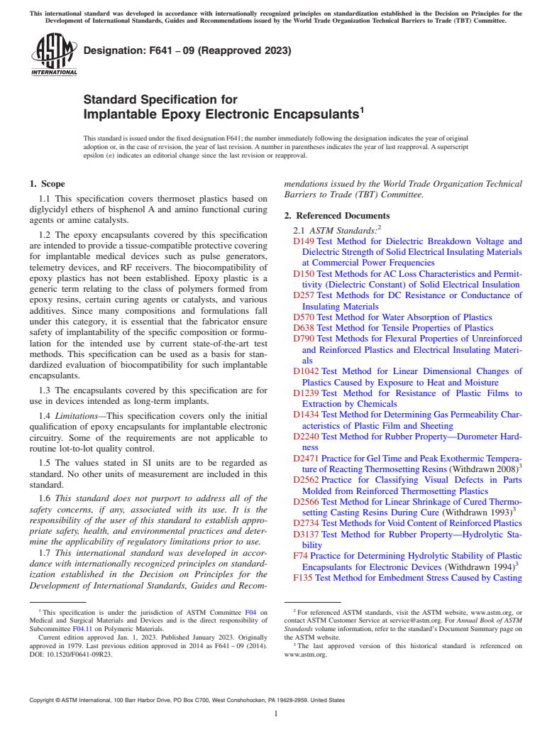 ASTM F641-09(2023) - Standard Specification for  Implantable Epoxy Electronic Encapsulants