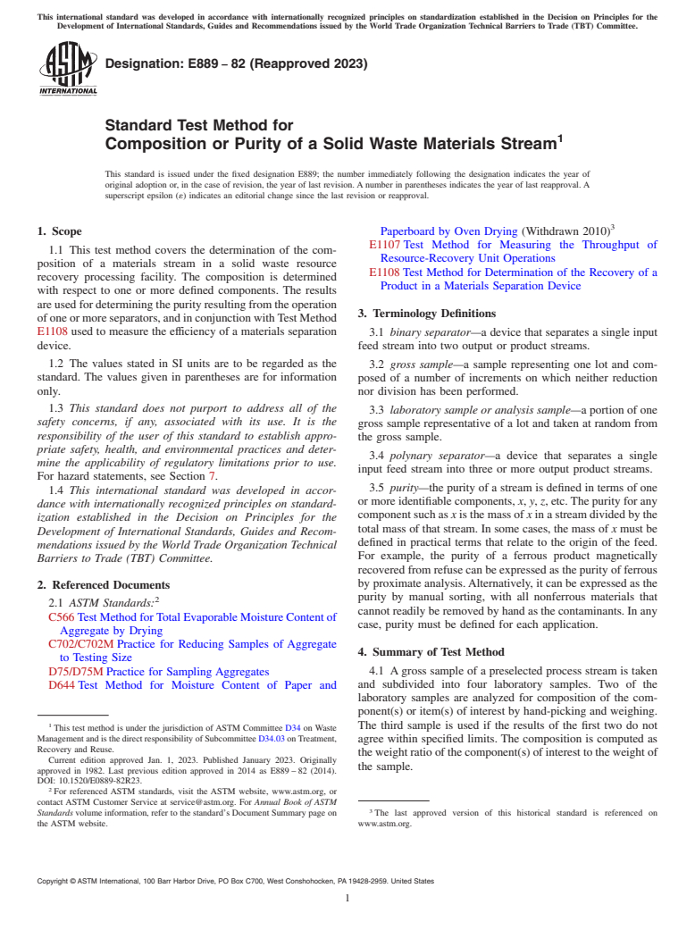 ASTM E889-82(2023) - Standard Test Method for  Composition or Purity of a Solid Waste Materials Stream