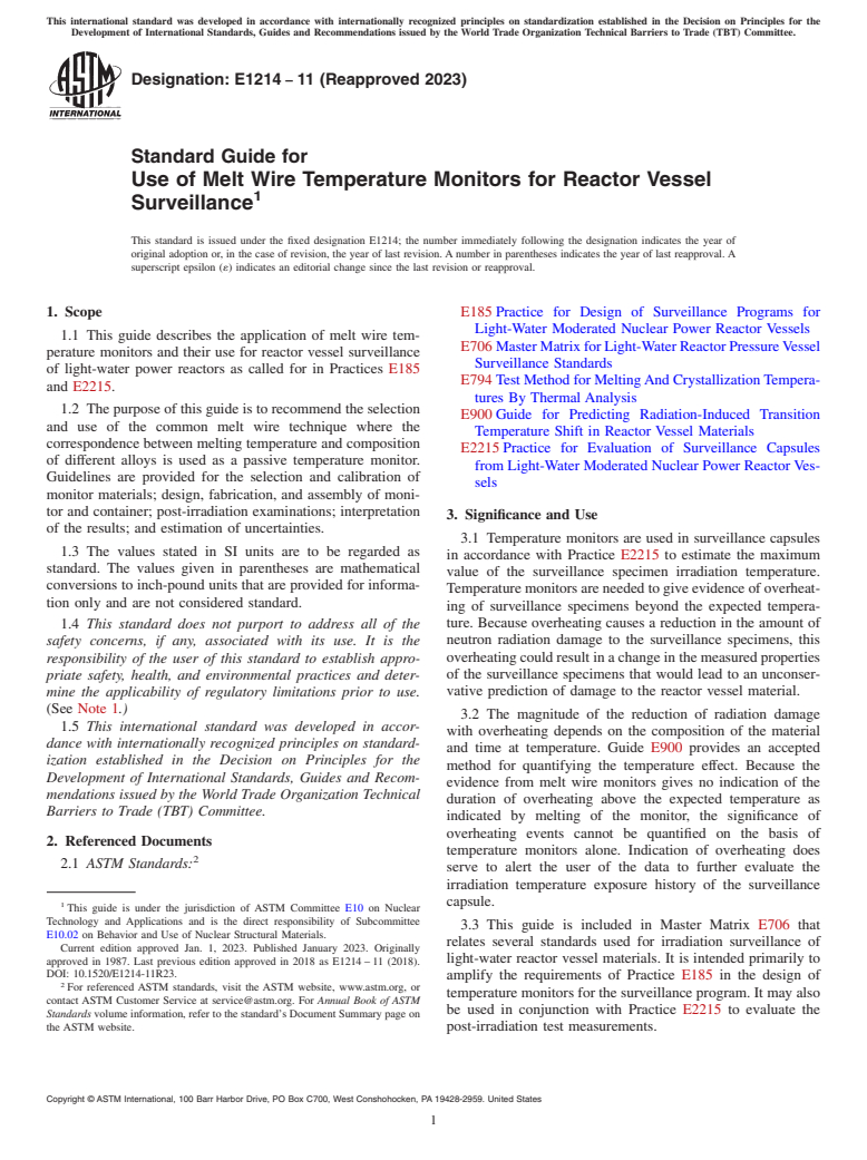 ASTM E1214-11(2023) - Standard Guide for  Use of Melt Wire Temperature Monitors for Reactor Vessel Surveillance