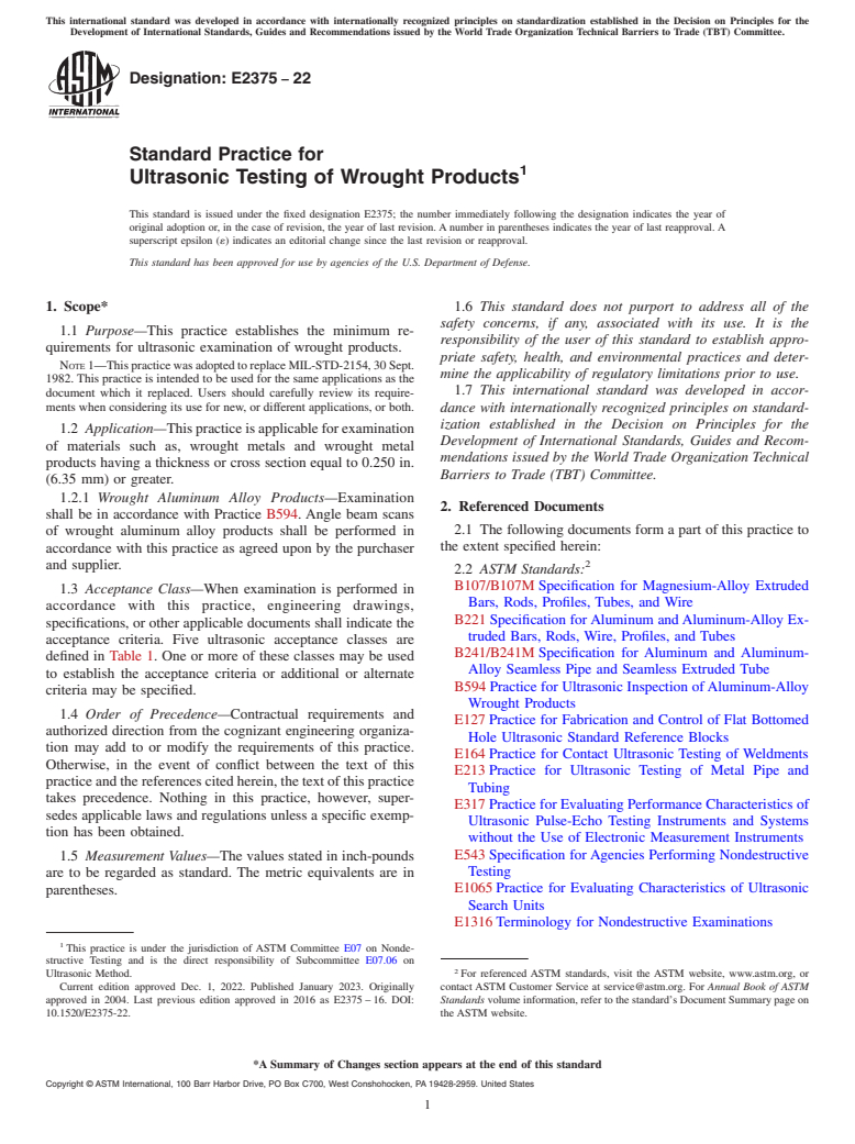 ASTM E2375-22 - Standard Practice for  Ultrasonic Testing of Wrought Products