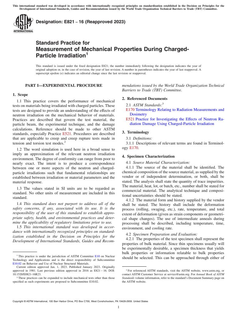 ASTM E821-16(2023) - Standard Practice for  Measurement of Mechanical Properties During Charged-Particle  Irradiation