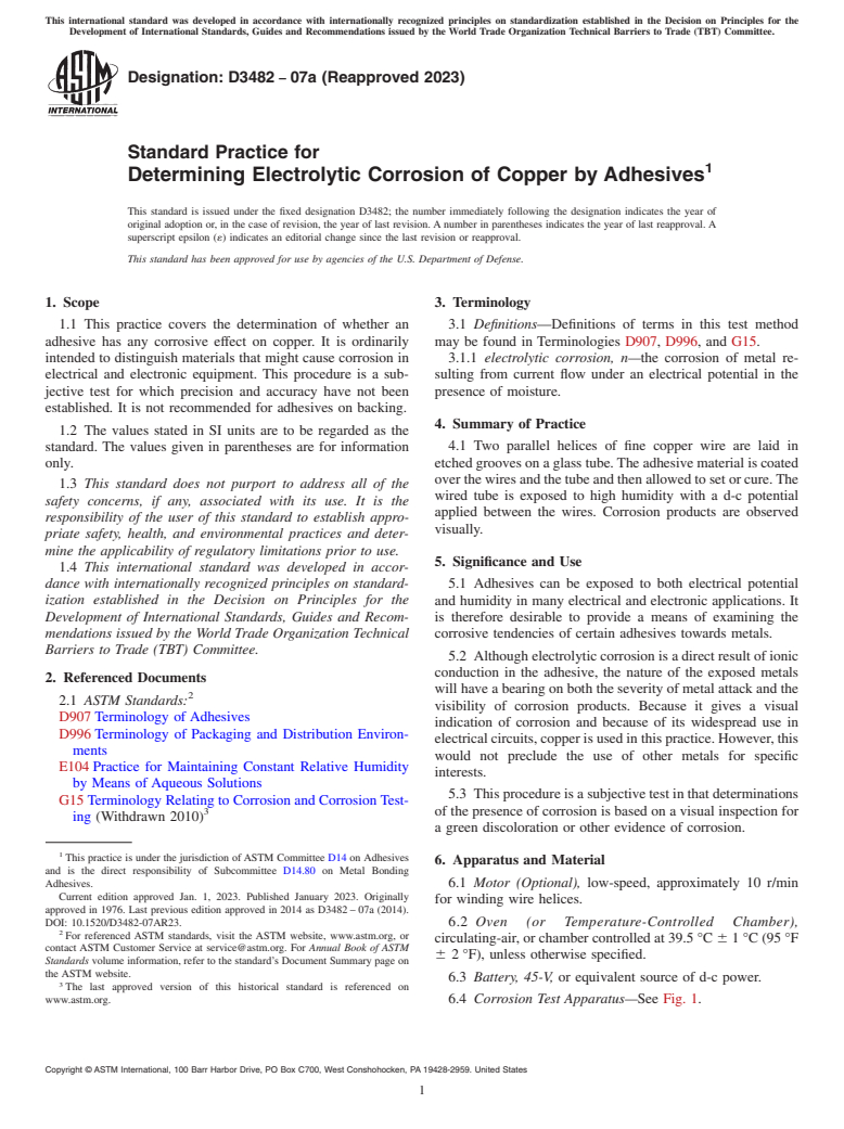 ASTM D3482-07a(2023) - Standard Practice for Determining Electrolytic Corrosion of Copper by Adhesives