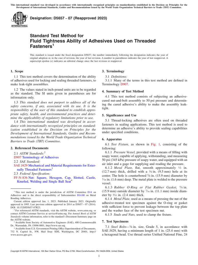 ASTM D5657-07(2023) - Standard Test Method for Fluid Tightness Ability of Adhesives Used on Threaded Fasteners