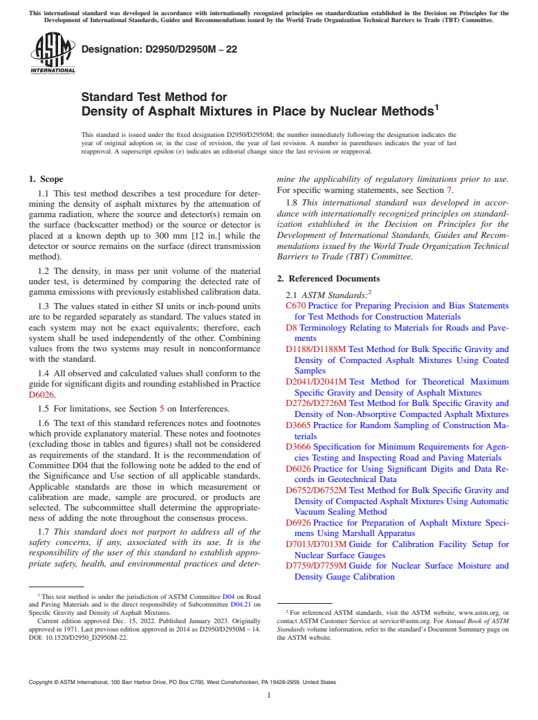 ASTM D2950/D2950M-22 - Standard Test Method for Density of Asphalt Mixtures in Place by Nuclear Methods