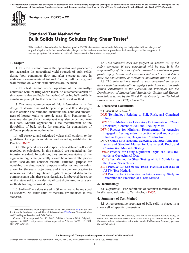ASTM D6773-22 - Standard Test Method for Bulk Solids Using Schulze Ring Shear Tester