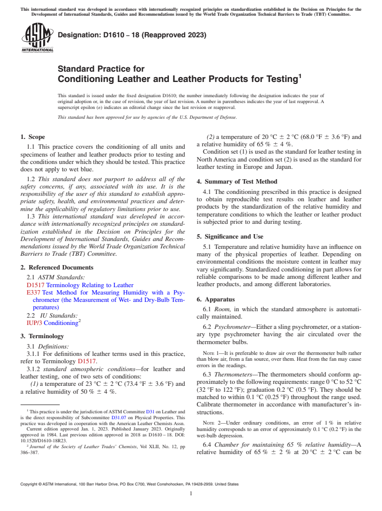 ASTM D1610-18(2023) - Standard Practice for  Conditioning Leather and Leather Products for Testing