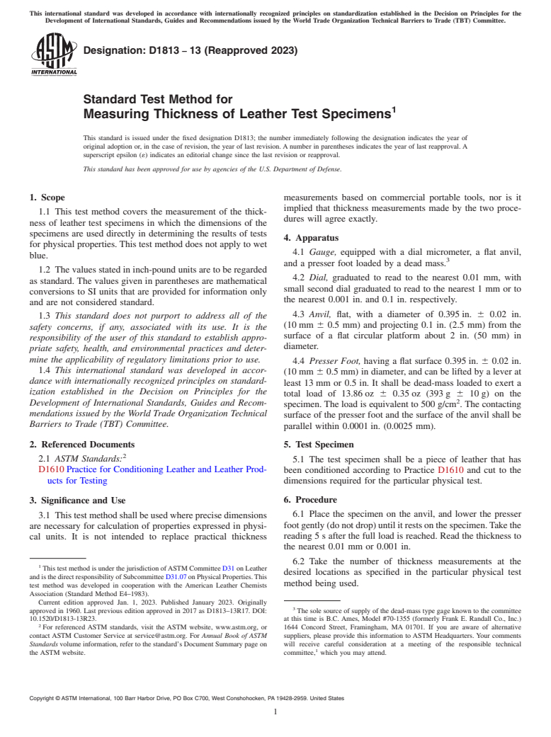 ASTM D1813-13(2023) - Standard Test Method for  Measuring Thickness of Leather Test Specimens
