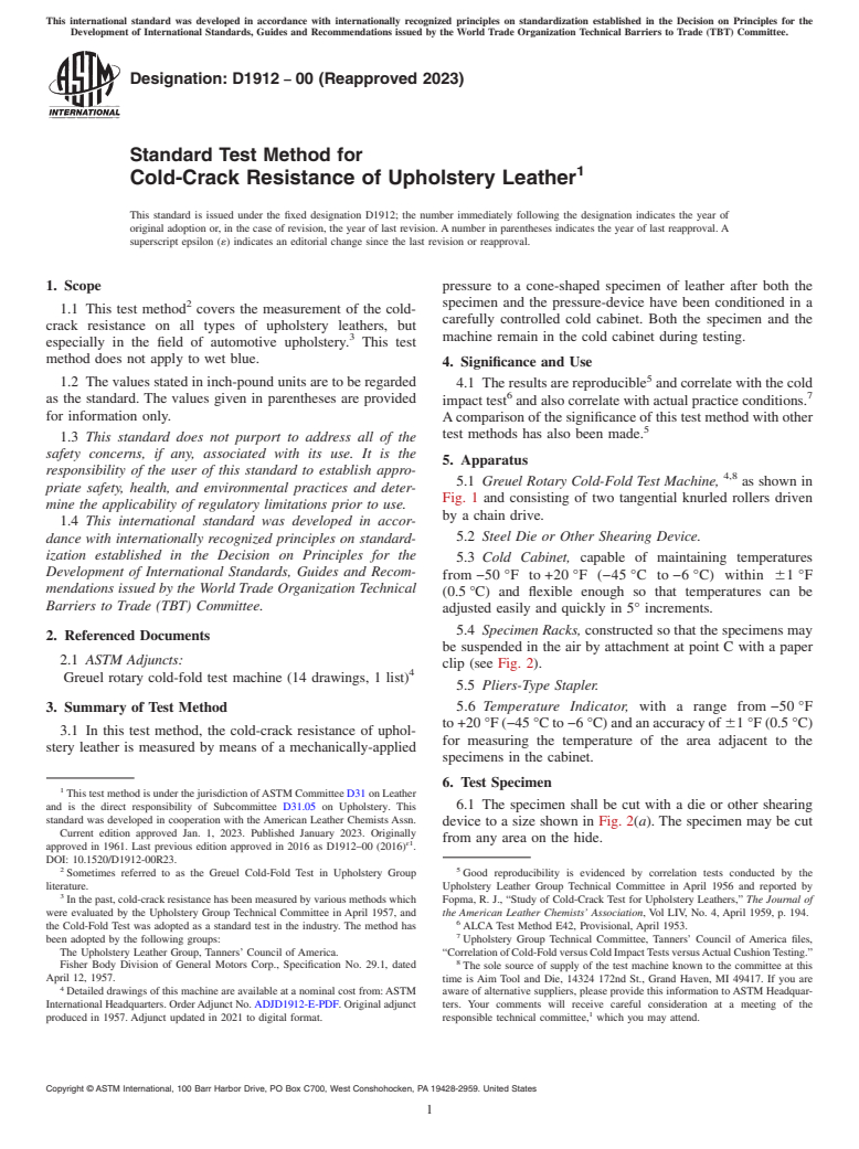 ASTM D1912-00(2023) - Standard Test Method for  Cold-Crack Resistance of Upholstery Leather