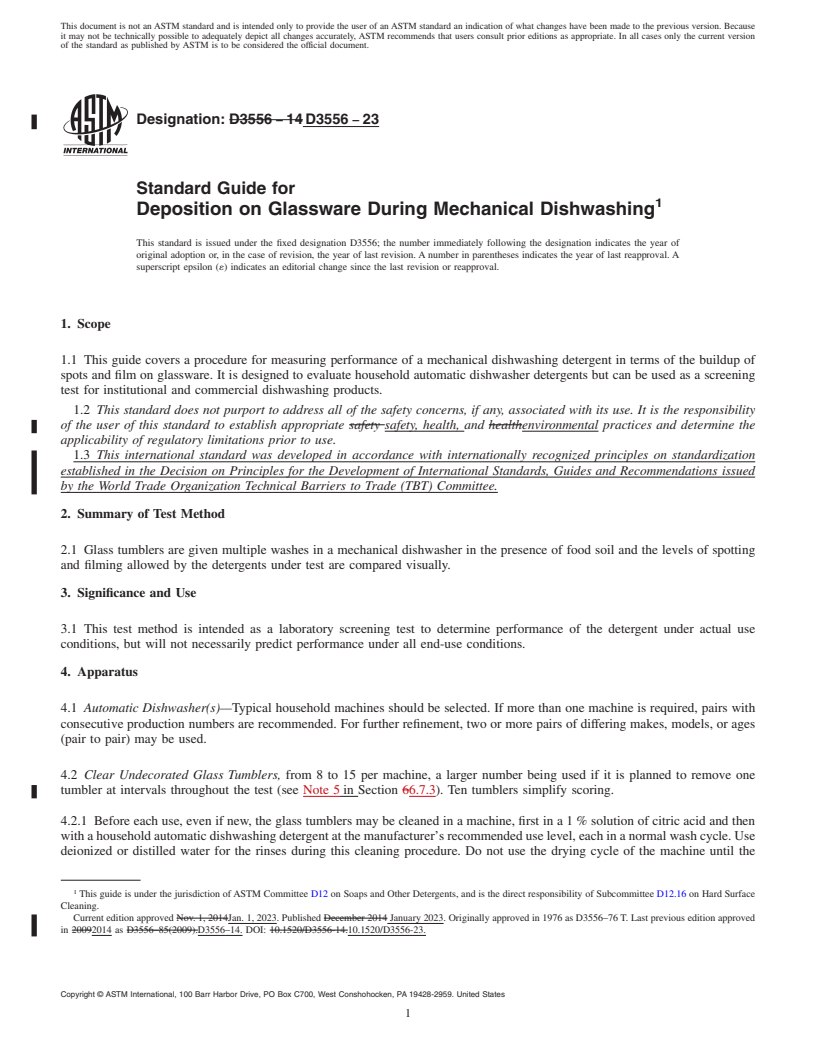 REDLINE ASTM D3556-23 - Standard Guide for  Deposition on Glassware During Mechanical Dishwashing