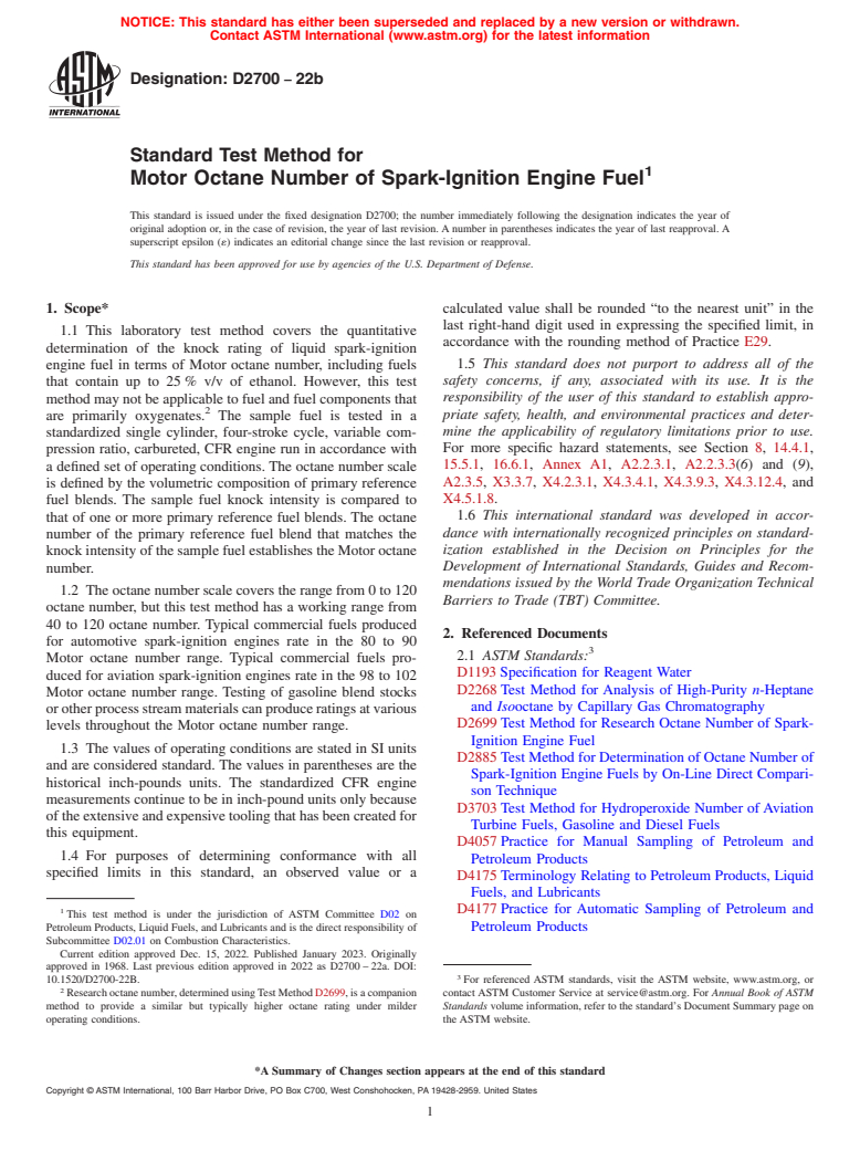 ASTM D2700-22b - Standard Test Method for Motor Octane Number of Spark-Ignition Engine Fuel