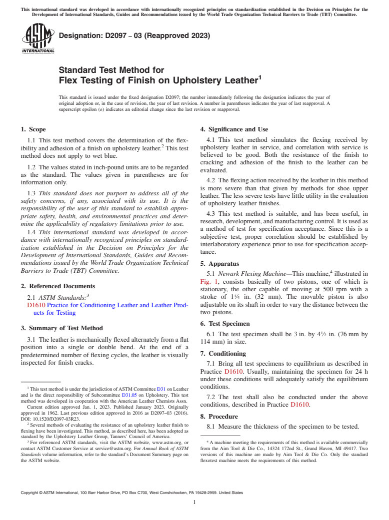 ASTM D2097-03(2023) - Standard Test Method for  Flex Testing of Finish on Upholstery Leather