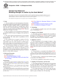 ASTM D2208-16(2023) ASTM D2208-16(2023) - Standard Test Method for Breaking Strength of Leather by the Grab Method - Page 1 preview