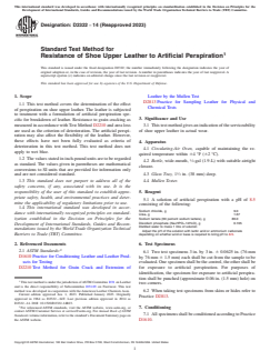 ASTM D2322-14(2023) ASTM D2322-14(2023) - Standard Test Method for Resistance of Shoe Upper Leather to Artificial Perspiration - Page 1 preview