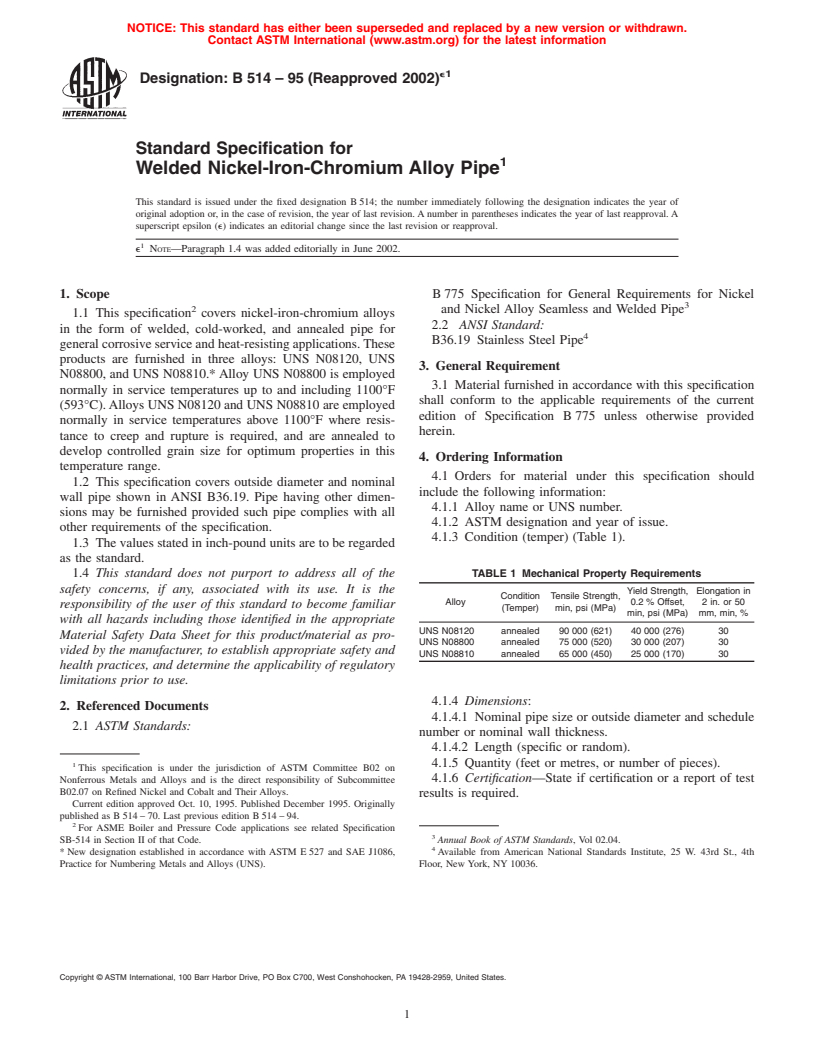 ASTM B514-95(2002)e1 - Standard Specification for Welded Nickel-Iron-Chromium Alloy Pipe