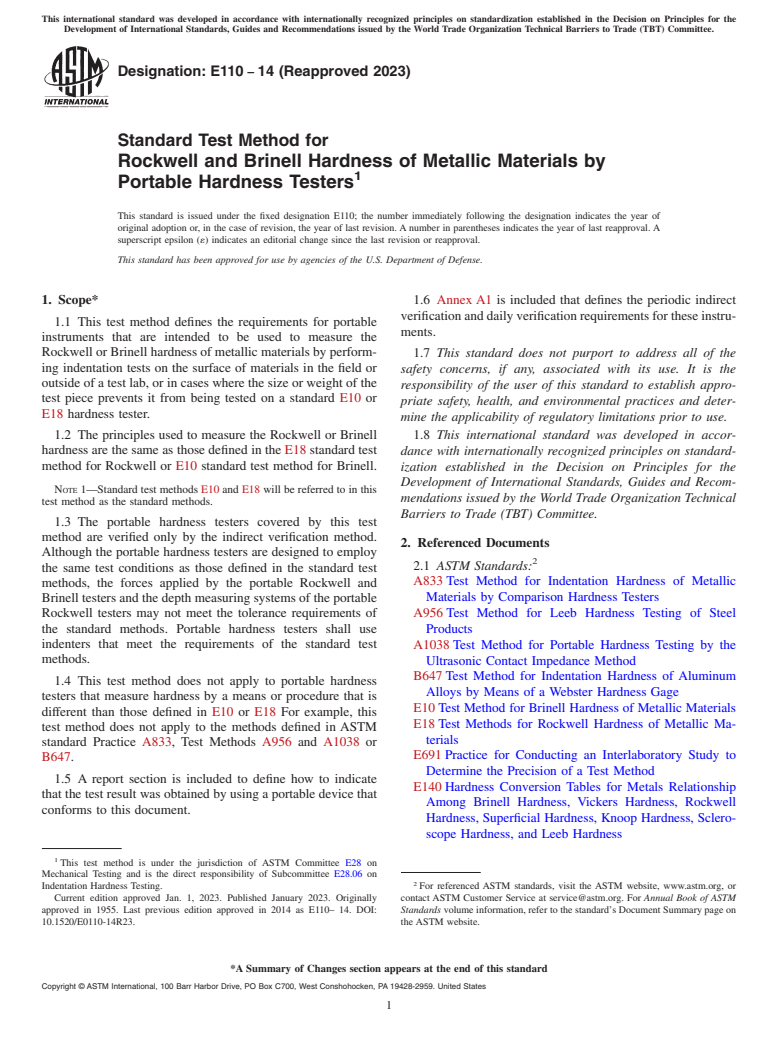 ASTM E110-14(2023) - Standard Test Method for  Rockwell and Brinell Hardness of Metallic Materials by Portable  Hardness Testers