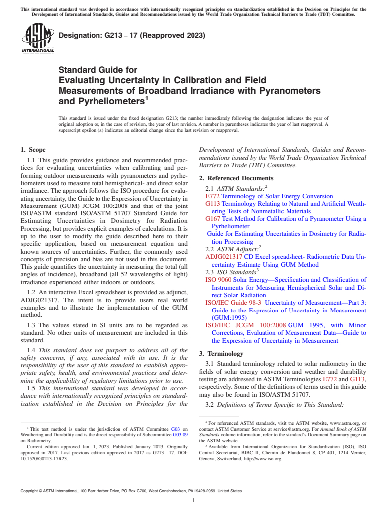 ASTM G213-17(2023) - Standard Guide for Evaluating Uncertainty in Calibration and Field Measurements  of Broadband Irradiance with Pyranometers and Pyrheliometers