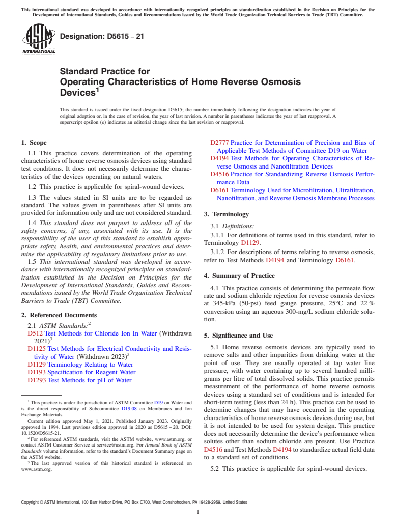 ASTM D5615-21 - Standard Practice for  Operating Characteristics of Home Reverse Osmosis Devices