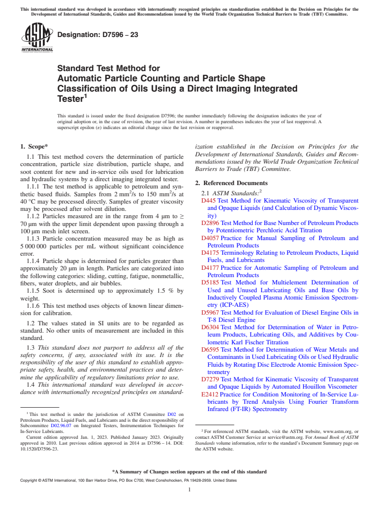 ASTM D7596-23 - Standard Test Method for  Automatic Particle Counting and Particle Shape Classification  of Oils Using a Direct Imaging Integrated Tester
